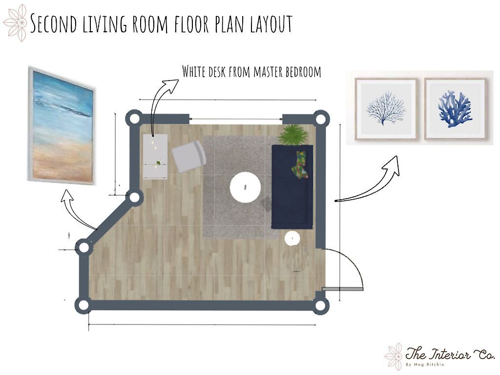 A floor plan of a living room with a coffee table and chairs.