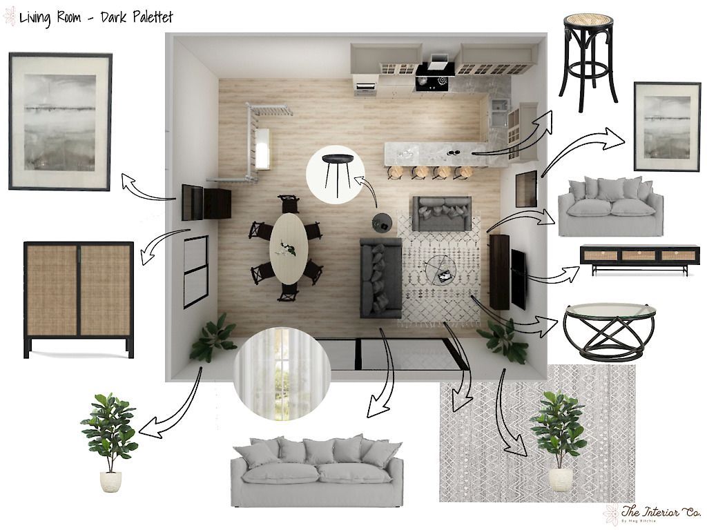 An aerial view of a living room and dining room with furniture.