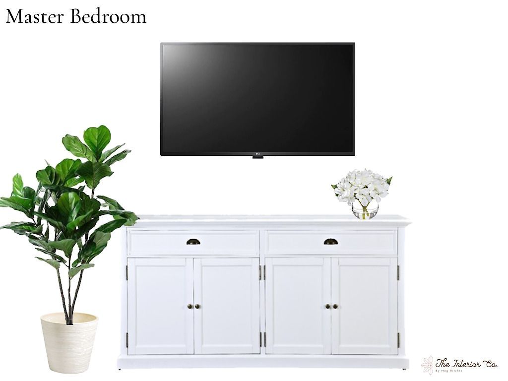 A picture of a master bedroom with a tv on the wall.