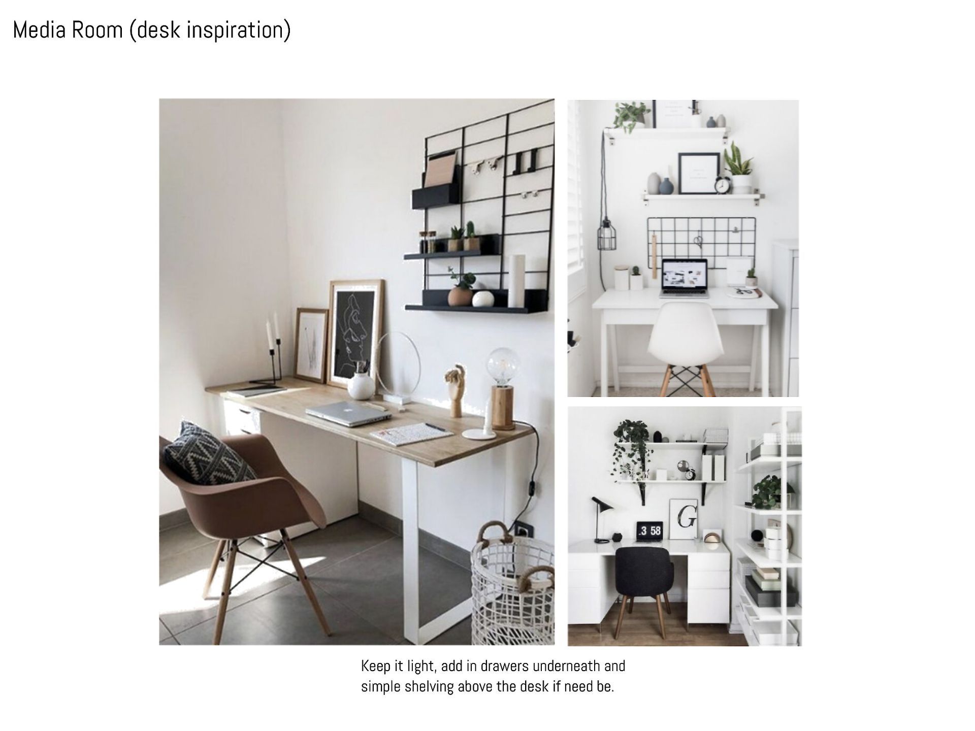 A collage of pictures of a desk and chair in a room.