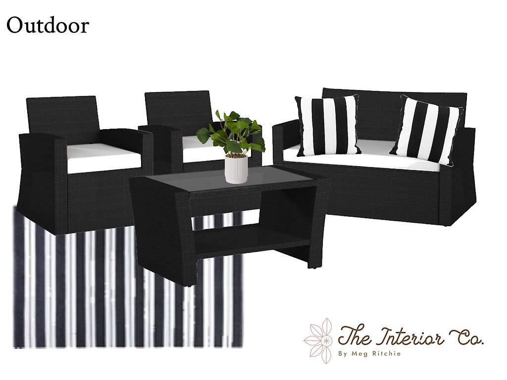 A black and white outdoor furniture set with striped rugs