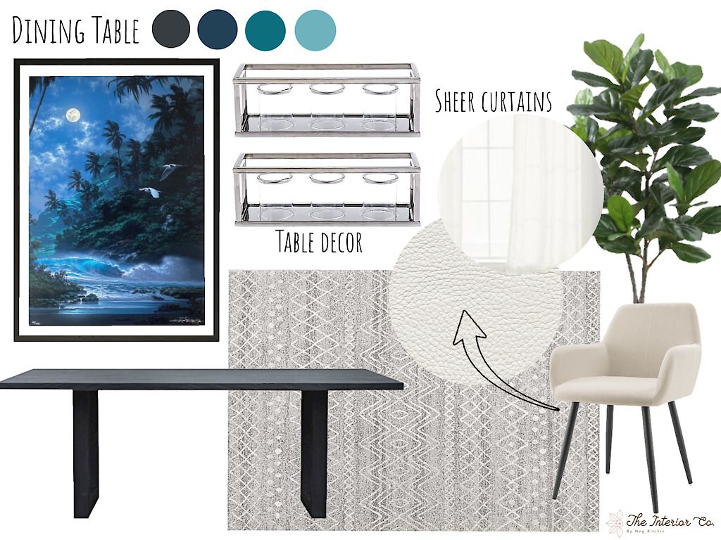 A room with a table , chair , rug , plant and painting.