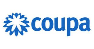 A blue and white logo for coupa with a flower in the middle.