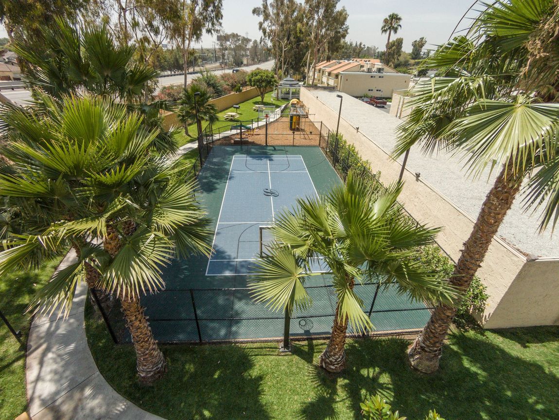 An aerial view of a tennis court surrounded by palm trees.