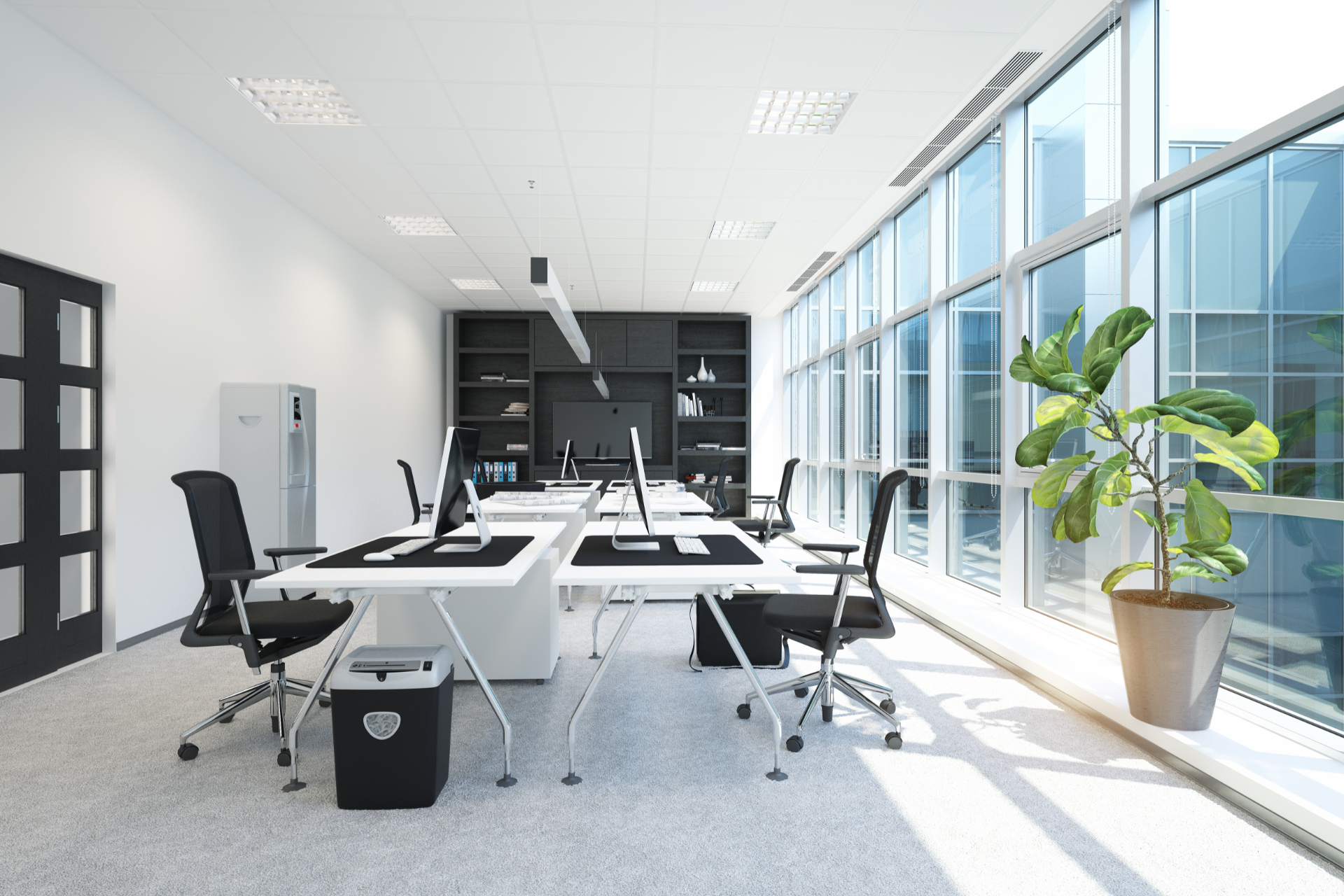 Bright office space with desks, chairs, large windows, and a potted plant.