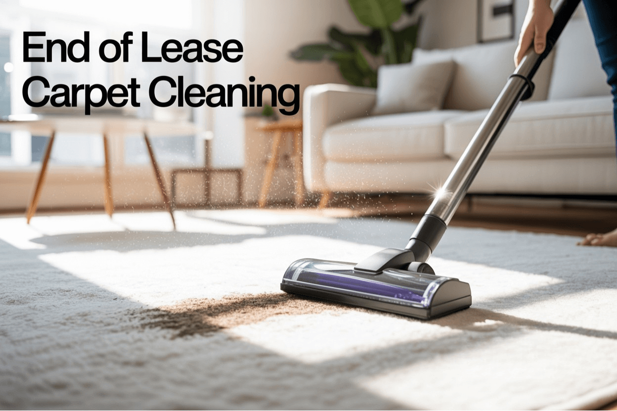 Person vacuuming a carpet in a living room, focusing on an end-of-lease carpet cleaning.