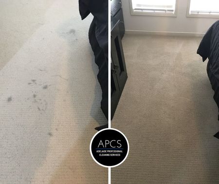 Before and after carpet cleaning. Beige carpet with dark stains.
