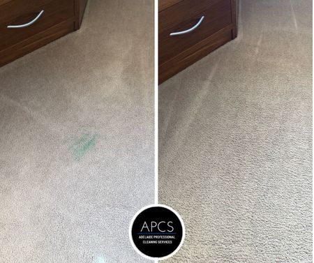 Before and after carpet cleaning. Shows a green stain removed from beige carpet.