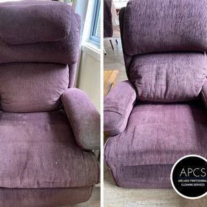 Before and after of a purple recliner cleaned by APCS Adelaide Professional Cleaning Services.