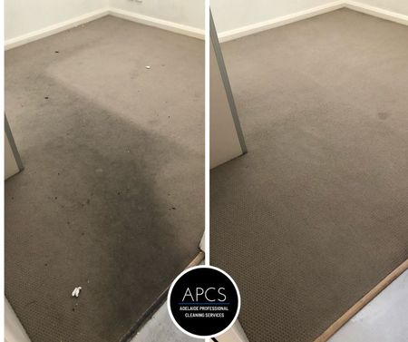 Before and after shot of a carpeted room.  The left side shows a dirty carpet, the right side is cleaned.