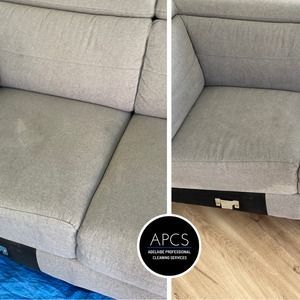 Comparison of a gray sofa section before and after cleaning.