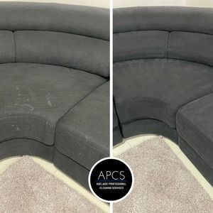 Before and after of a gray sectional sofa, cleaned and stain-free.