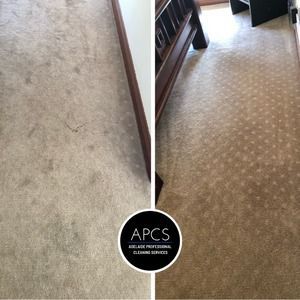 Before and after comparison of a beige carpet, showing significant cleaning improvement.
