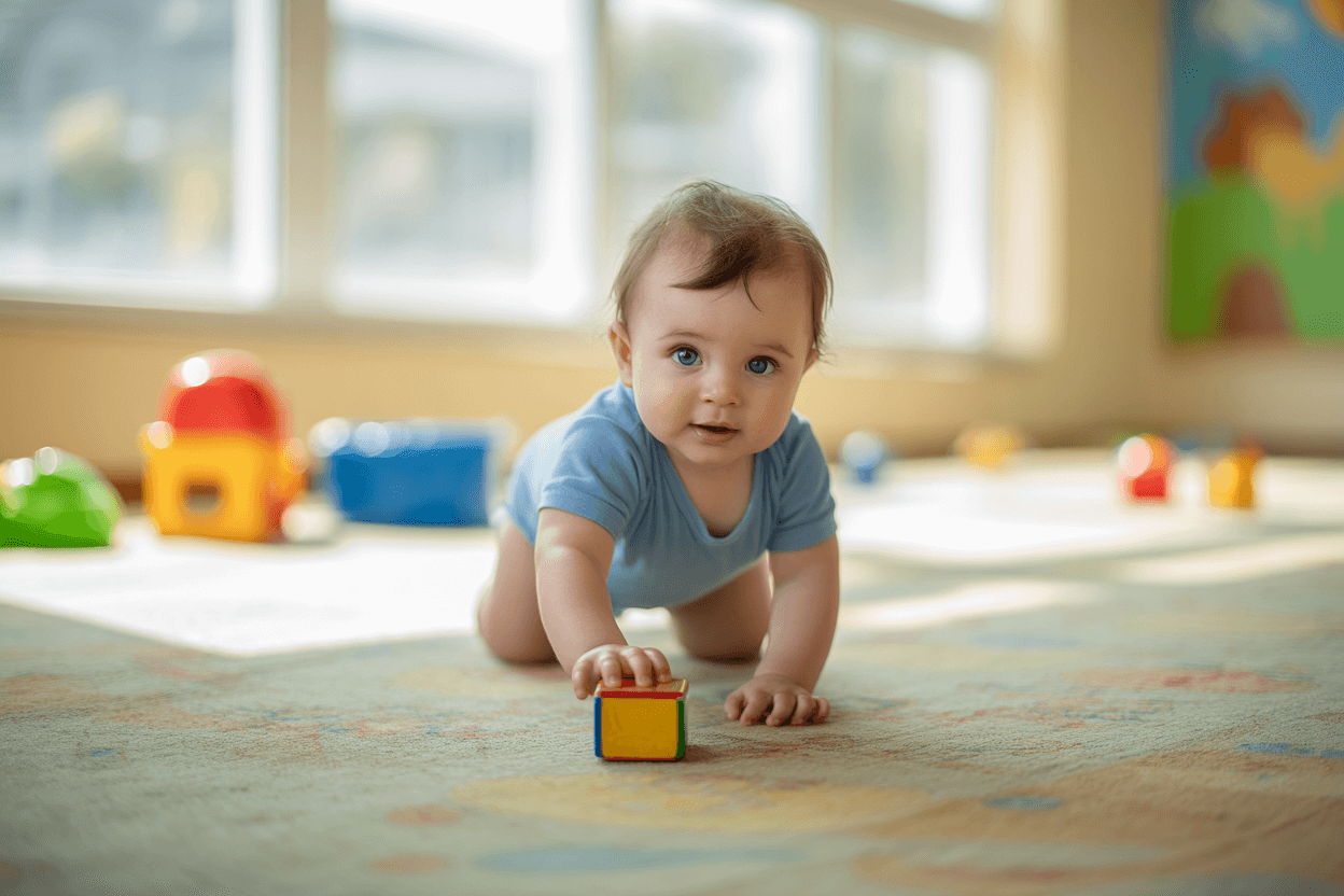 baby crawling on slightly dirty carpet in a childcare centre.