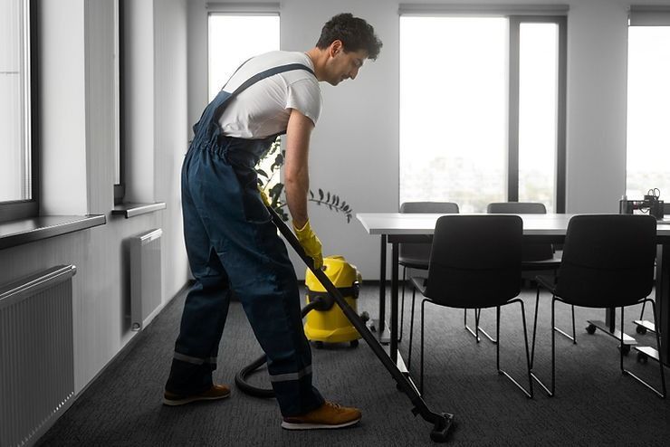 Man in overalls vacuums a carpeted office. Yellow vacuum, black chairs, and large windows are visible.