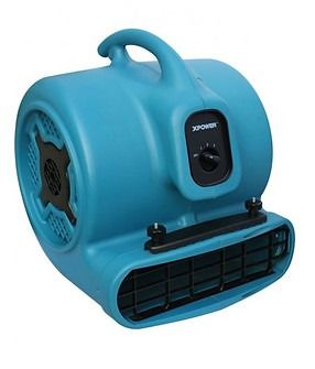 Blue air mover fan with adjustable speed dial and black grille.