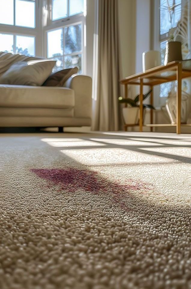 Wine stain on a cream-colored carpet in a living room with a sofa and side table.