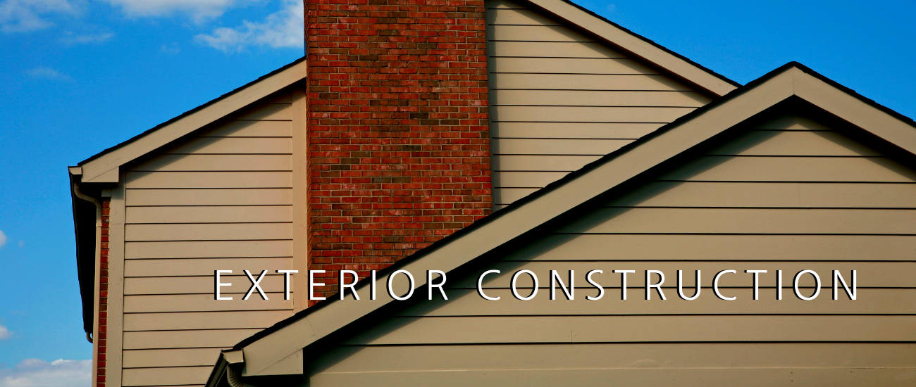 A view of a house roof, siding, and brick chimney against a blue sky, overlaid with the text