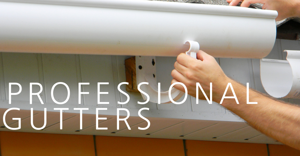A person installing a white gutter section on a home exterior, with text overlay reading