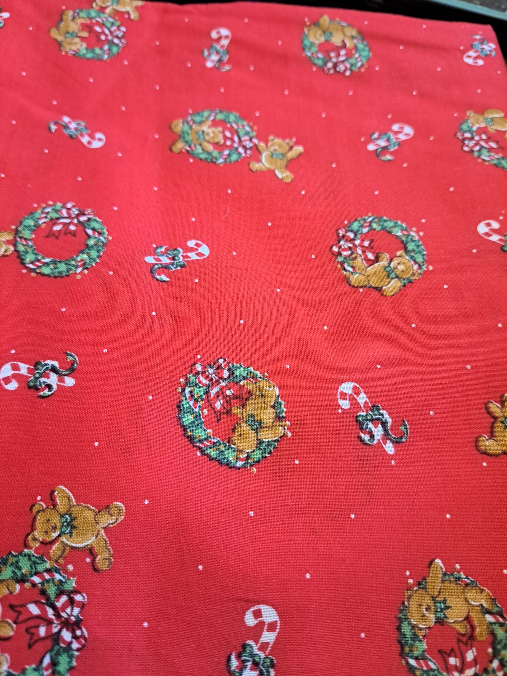 Vintage 1980's Christmas Bears, Wreaths and Candy Canes on Red by: Hallmark Fabrics