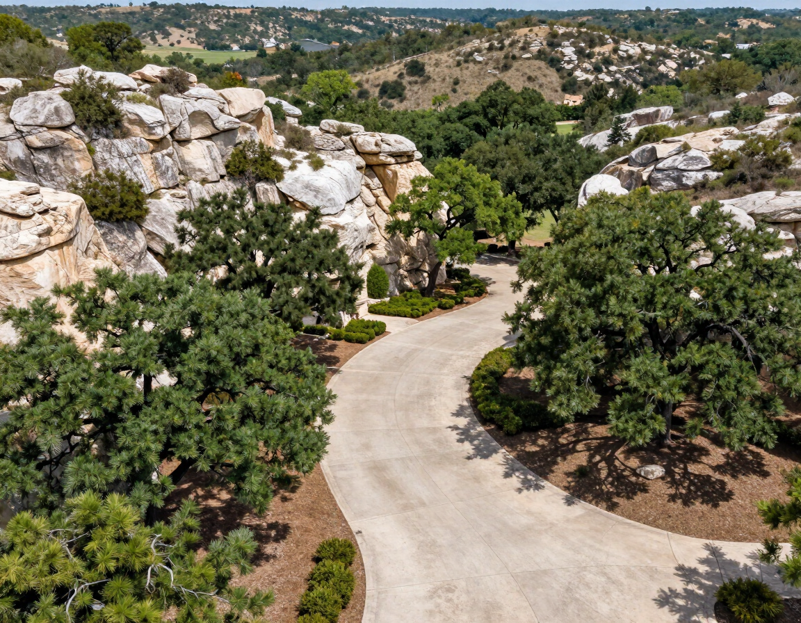 Large Bee Cave residential lot with wide concrete driveway and limestone terrain