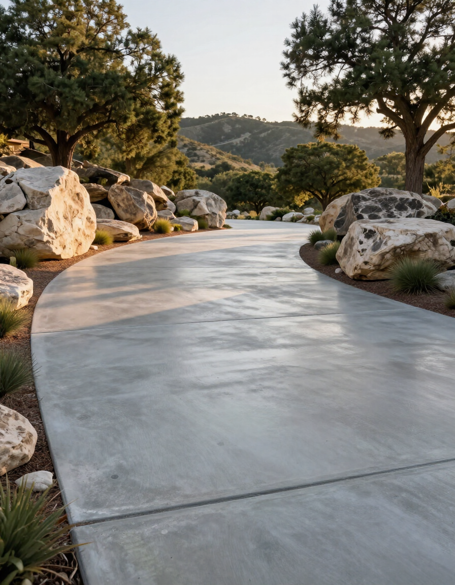 Freshly sealed large residential concrete driveway in Bee Cave Texas hill country setting