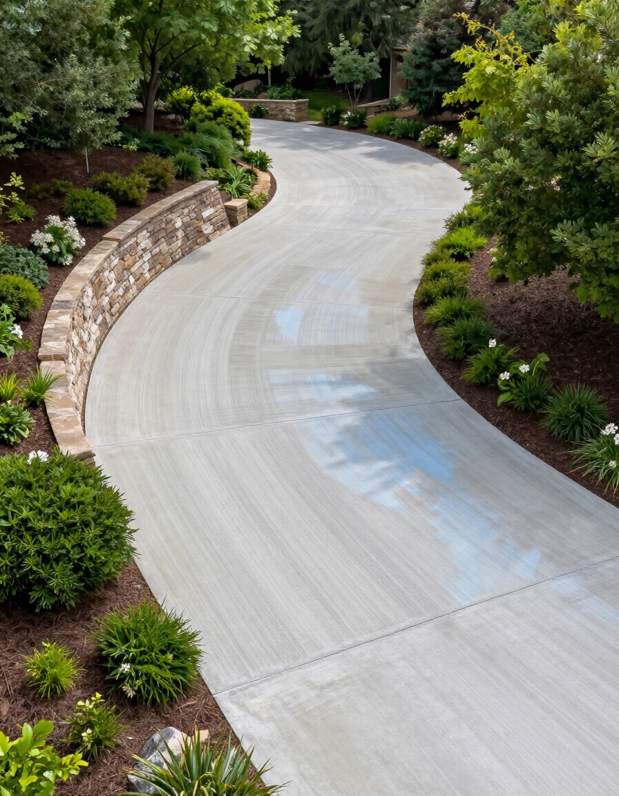 Freshly poured broom-finished concrete driveway on a steep West Lake Hills hillside lot with retaining wall