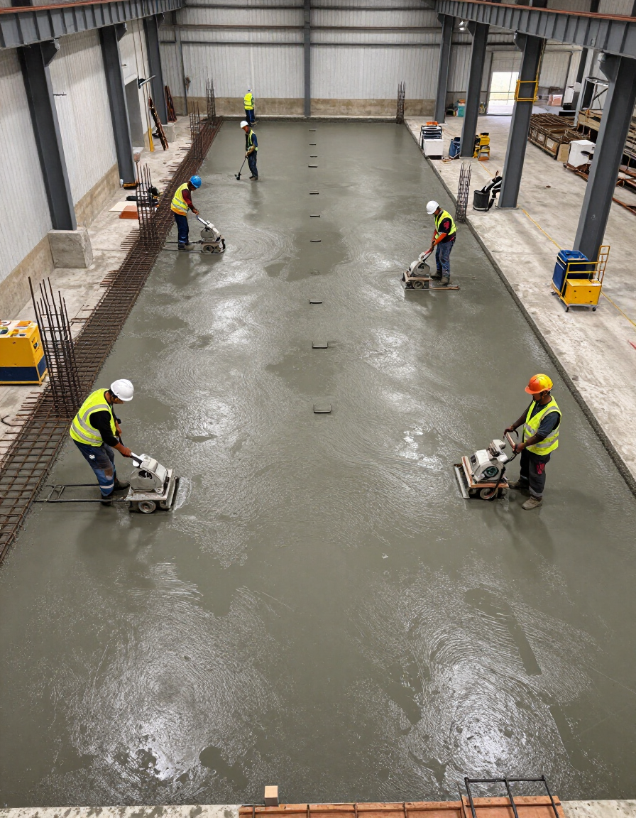 Commercial concrete crew finishing a warehouse floor slab with a power trowel