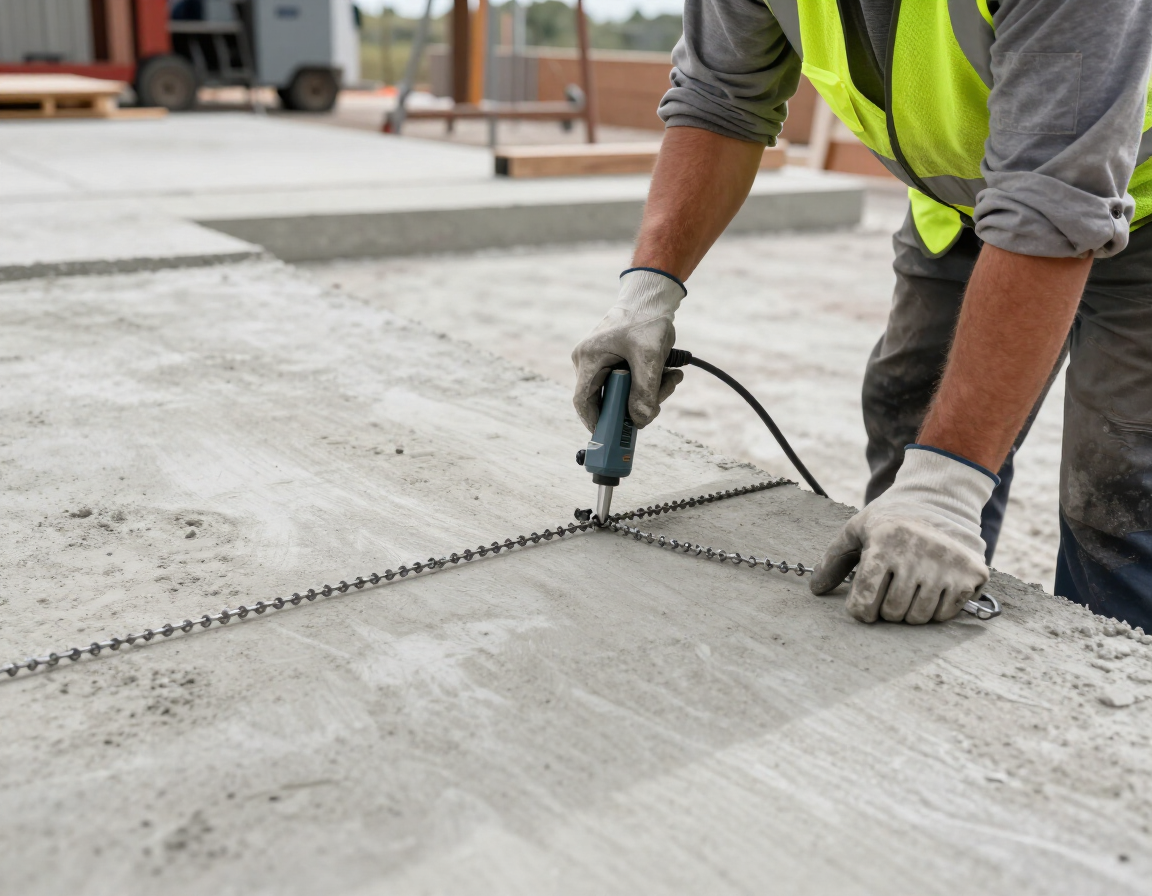 Technician using electronic sounding equipment to detect subgrade voids beneath a concrete slab