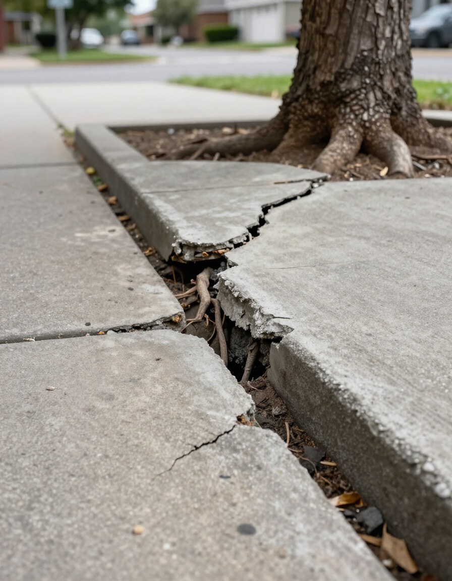 Cracked concrete walkway with tree root uplift damage in a Pflugerville neighborhood