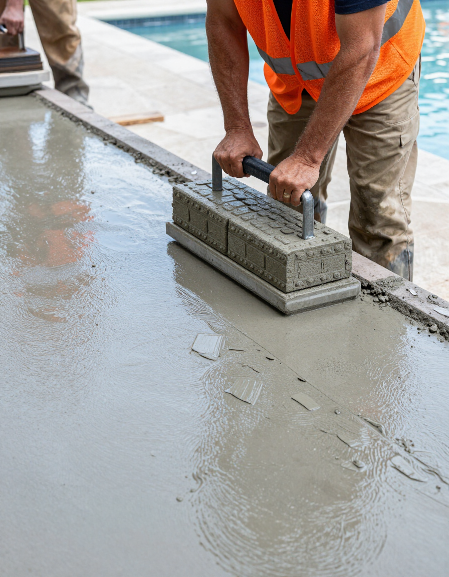 Decorative concrete stamping crew pressing ashlar pattern on a Travis County pool deck