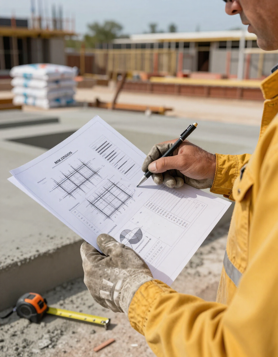 Concrete Commandos Austin crew member reviewing structural drawings on an Austin job site