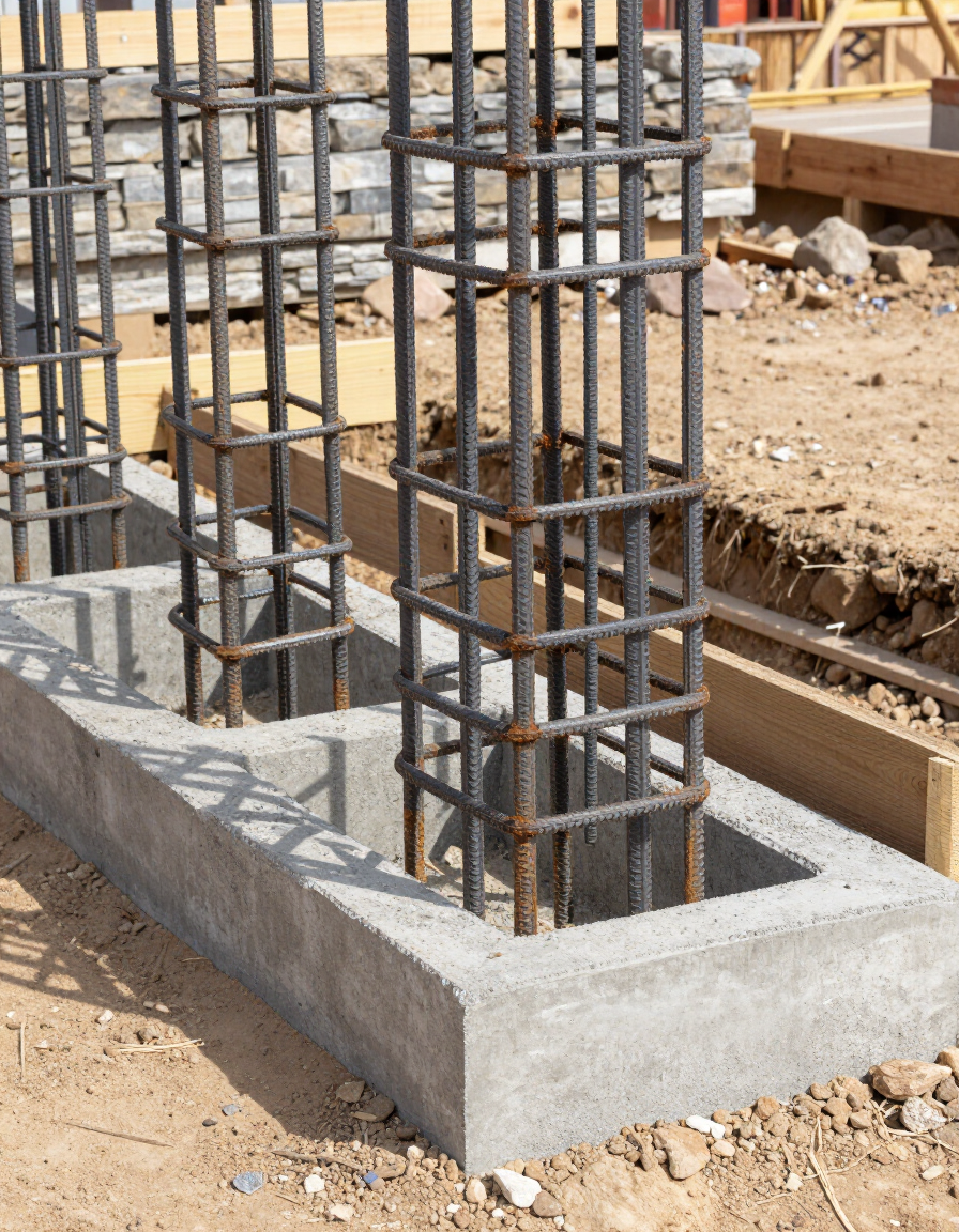 Rebar grid and chairs inside driveway forms with Texas limestone subgrade visible