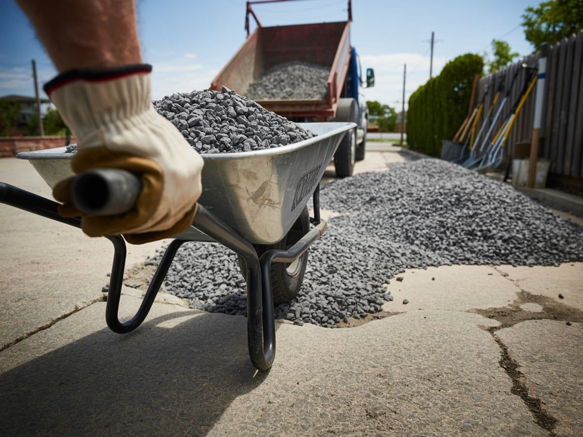 Person in work gloves pushing wheelbarrow of gravel; truck dumping gravel on asphalt.