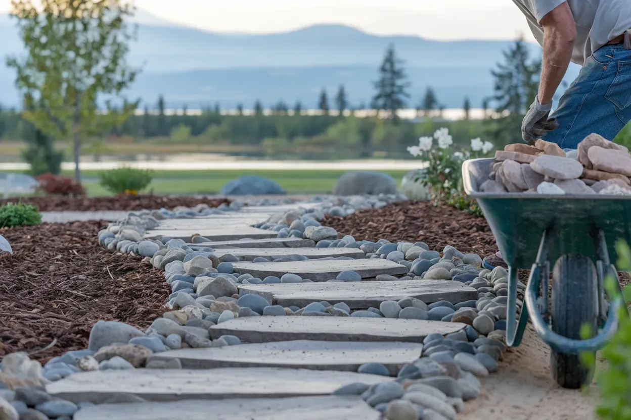 A man is pushing a wheelbarrow full of rocks down a stone path.