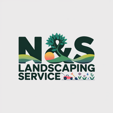 Logo for N&S Landscaping Service. Dark green letters with landscaping scene; tree, sun, mower, flowers.