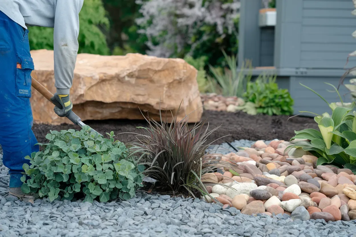 A man is planting plants in a garden with a shovel.