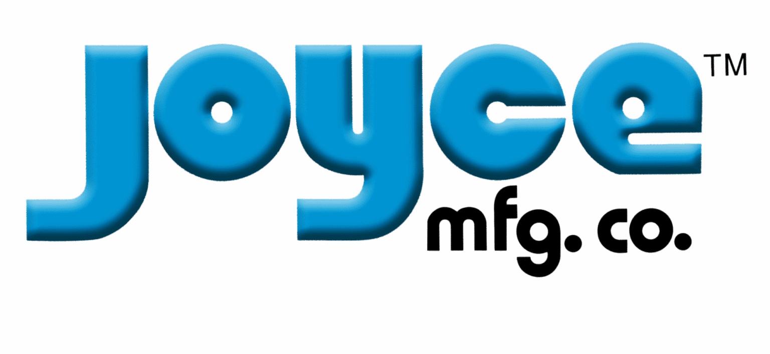 Blue and black Joyce mfg. co. logo with glossy lettering