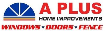 A Plus Home Improvements logo with blue-and-red house icon and text for windows, doors, and fence