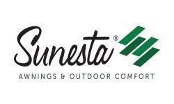 Sunesta logo with green geometric mark and “Awnings & Outdoor Comfort” text