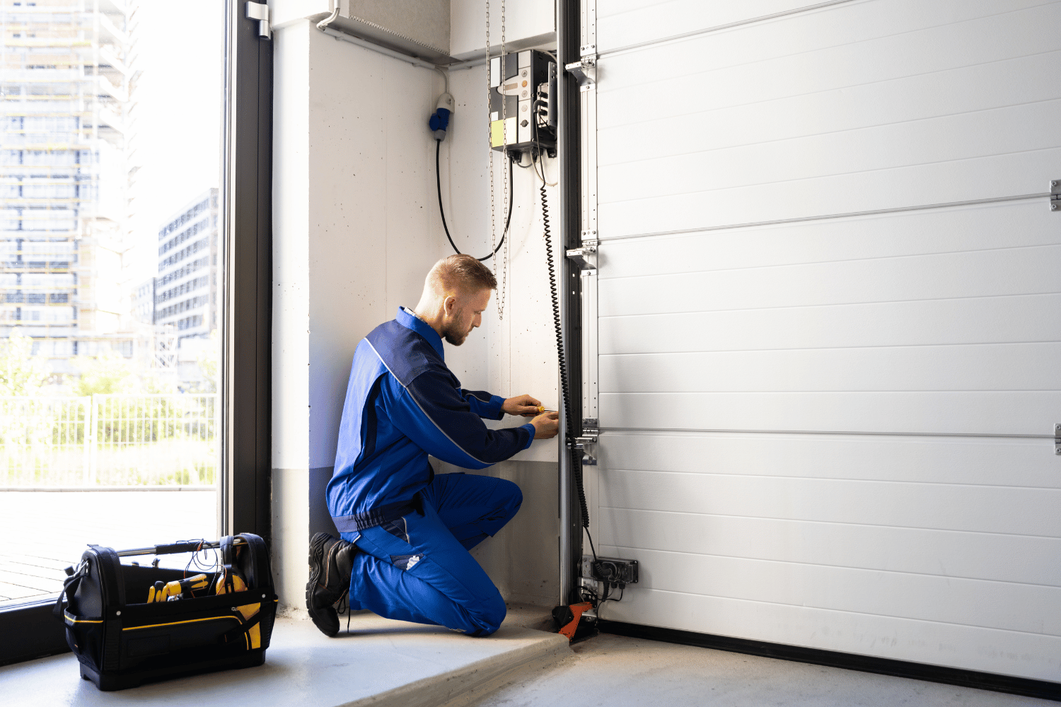 A man is kneeling down in a garage working on a garage door.