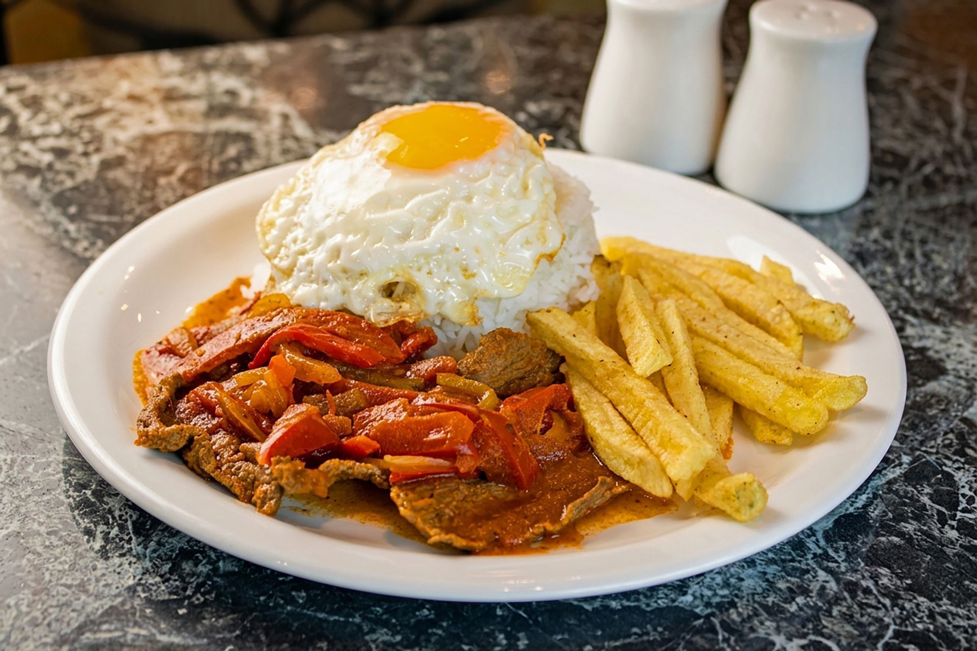 Un plato blanco con carne, arroz y papas fritas.
