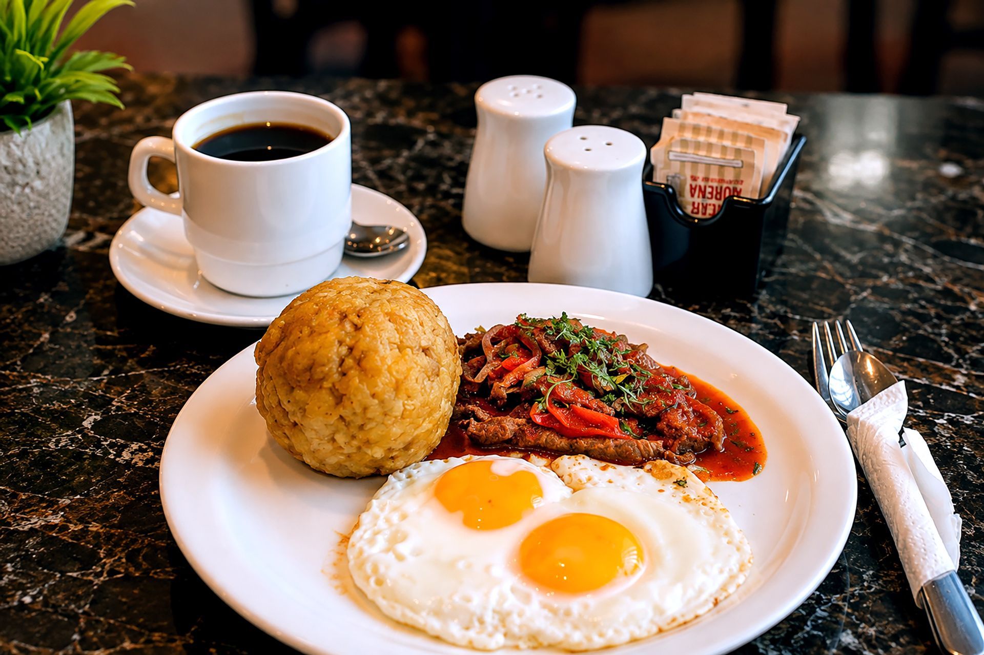 Una mesa con platos de comida que incluyen huevos revueltos, tocino y fruta.
