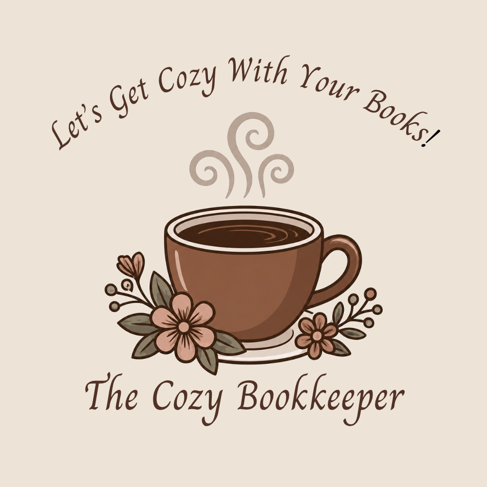 Coffee cup logo with flowers and steam, featuring the text “Let’s Get Cozy With Your Books!” and “The Cozy Bookkeeper”