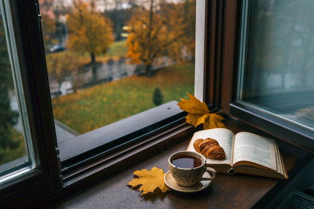 Cup of coffee, open book, and yellow leaves on a windowsill overlooking an autumn garden