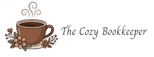 Logo with a brown coffee cup, flowers, and the text &ldquo;The Cozy Bookkeeper&rdquo;