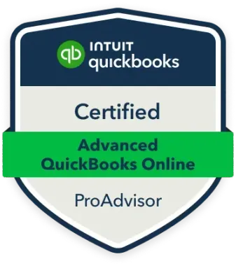 Intuit QuickBooks Certified Advanced QuickBooks Online ProAdvisor badge with green and navy shield design