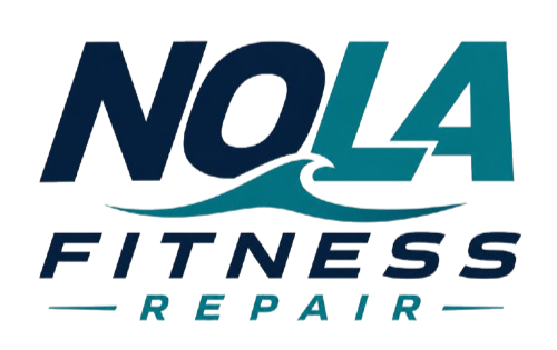 NOLA Fitness Repair logo in navy, teal, and white with stylized text and underline accents
