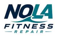 NOLA Fitness Repair logo in navy, teal, and white with stylized text and underline accents