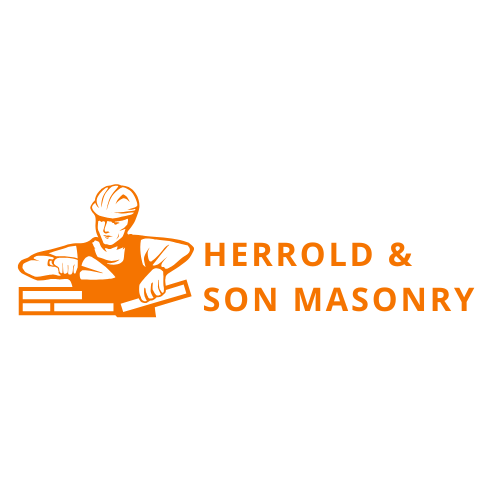 The logo for herrold and son masonry shows a man wearing a hard hat and holding a brick.